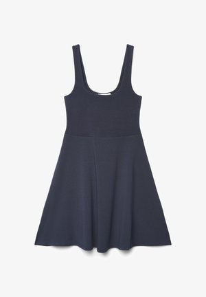 Abito senza maniche blu navy scuro con scollo a U e gonna svasata, mostrato disteso su sfondo bianco.