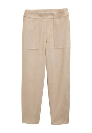 Pantaloni beige a gamba dritta con ampie tasche applicate frontali e una cintura liscia, realizzati in tessuto morbido simile al camoscio.