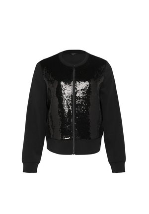 Czarna kurtka bomber z zamkiem z przodu, z cekinową czarną wstawką na klatce piersiowej oraz czarnymi materiałowymi rękawami i dolnym pasem. Gładka tekstura.