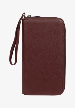 Bordeaux leren portemonnee met een gestructureerde afwerking, ritssluiting en een polsband. Bevat een slanke rechthoekige vorm en subtiele merkdetails.