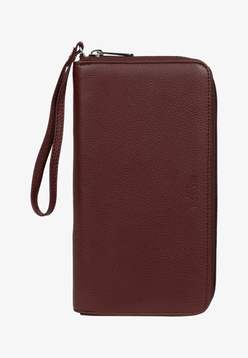 Bordeaux leren portemonnee met een gestructureerde afwerking, ritssluiting en een polsband. Bevat een slanke rechthoekige vorm en subtiele merkdetails.