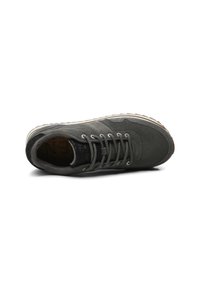 Gray suede sneaker with a textured dark gray heel, round toe, and white rubber sole. Features six eyelets with gray laces.