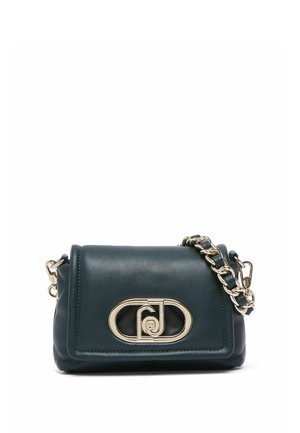 Borsa a tracolla in pelle verde scuro con tracolla a catena dorata e chiusura ovale dorata con lettere intrecciate sulla patta frontale.
