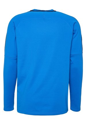 Langdurige, levendige blauwe sportshirt met lange mouwen, gemaakt van gladde stof. Heeft een ronde halslijn en contrasterende zwarte accenten op de schouders.