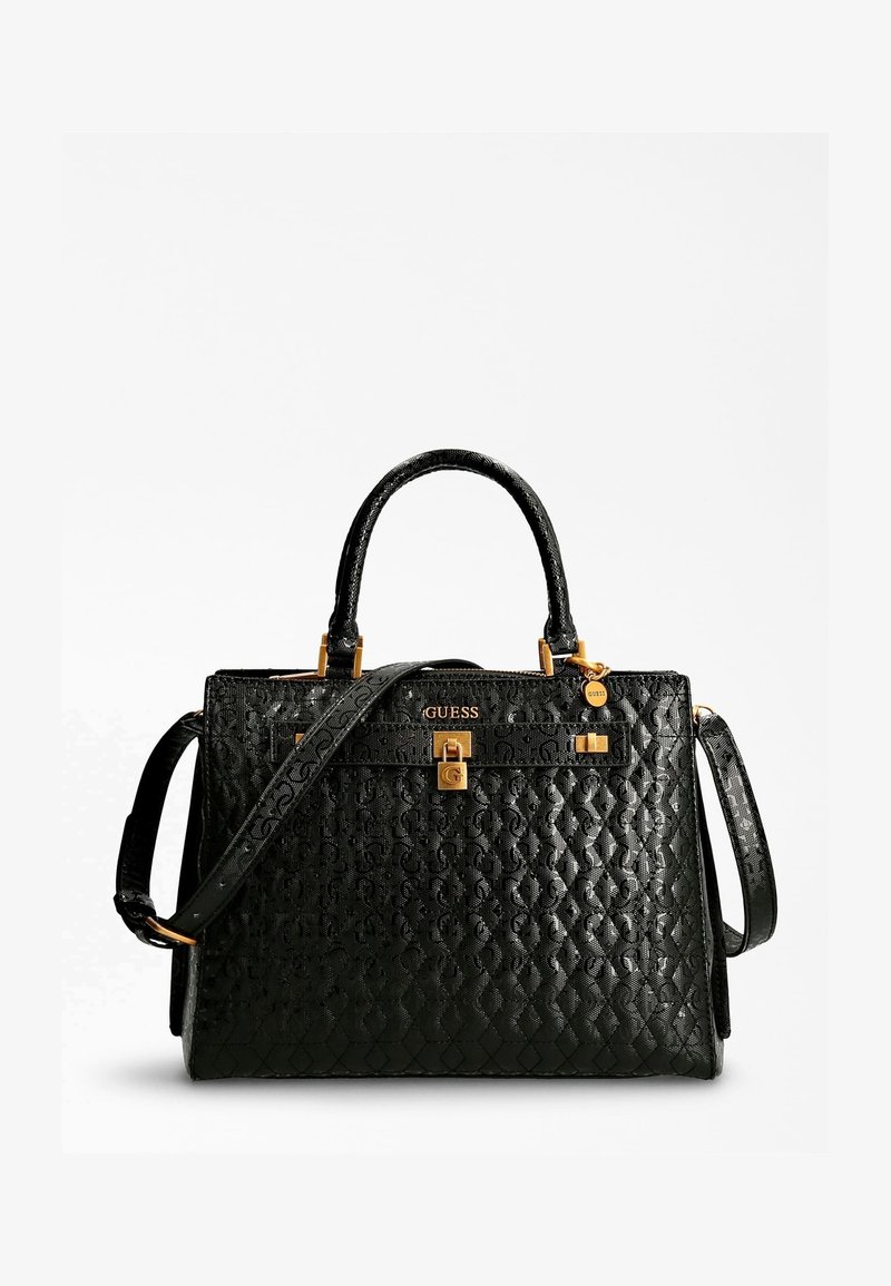 Sac à main en similicuir noir avec motif matelassé, détails en métal doré, double poignée et bandoulière amovible.