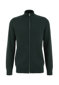 Tumši zaļš rāvējslēdzēja džemperis ar augstu apkakli, ribotām aprocēm un apakšmalu, ar gludu adījumu un sudraba rāvējslēdzēja detaļām.