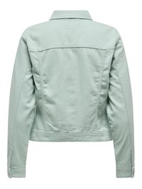 Světlá zelená džínová bunda zobrazená zezadu, s dlouhými rukávy, límcem a viditelnými švy.