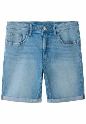 Világoskék farmer rövidnadrág felhajtott szegéllyel, elől gombos és cipzáras záródással, valamint öt zsebes kialakítással.