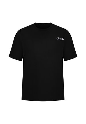 Schwarzes kurzärmliges T-Shirt mit kleinem weißen kursivem Schriftzug „Smilodon“ auf der oberen linken Brust, schlichtes Design mit Rundhalsausschnitt.