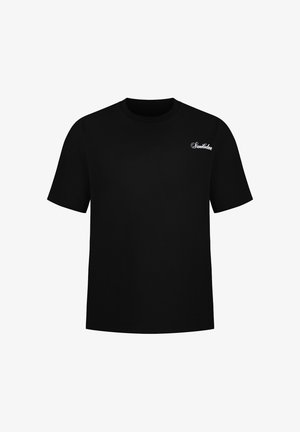Schwarzes kurzärmliges T-Shirt mit kleinem weißen kursivem Schriftzug „Smilodon“ auf der oberen linken Brust, schlichtes Design mit Rundhalsausschnitt.