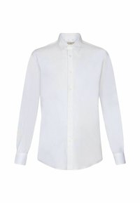 Weißes Langarmshirt mit Button-Down-Kragen, aus glattem Stoff gefertigt. Hat einen geraden Schnitt und eine Knopfleiste vorne.