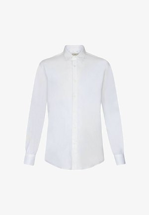 Hvid langærmet skjorte med knapkrave, lavet af glat stof. Har en lige pasform og en frontlukkning med knapper.