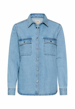 Lyseblå denimskjorte med lange ærmer, to brystlommer med klap og trykknapper samt lukning foran med trykknapper.
