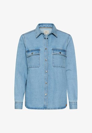 Lyseblå denimskjorte med lange ærmer, to brystlommer med klap og trykknapper samt lukning foran med trykknapper.