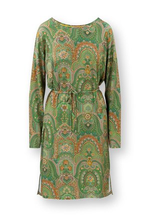 Green long-sleeve dress with a paisley pattern in orange and white. Features a drawstring waist and side slits for ease of movement.