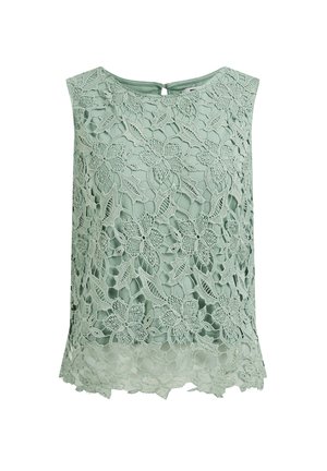 Bezrękawnik w jasnym zielonym kolorze z koronką w kwiatowe wzory oraz jednolitą podszewką, z okrągłym dekoltem i zapięciem na guziki z tyłu.