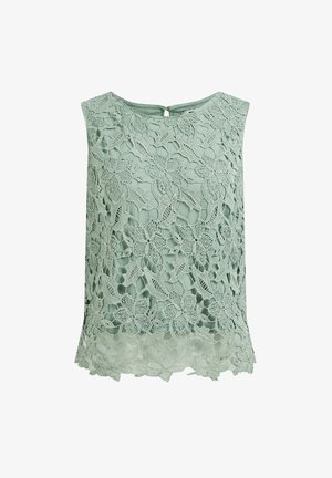Haut sans manches en dentelle vert clair avec des motifs floraux et une doublure unie, présentant un col rond et une fermeture boutonnée au dos.