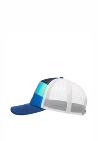 Kšiltovka typu trucker s modro-teal barevným blokovým designem. Obsahuje solidní modrý přední kšilt a bílou síťovanou zadní část pro prodyšnost.
