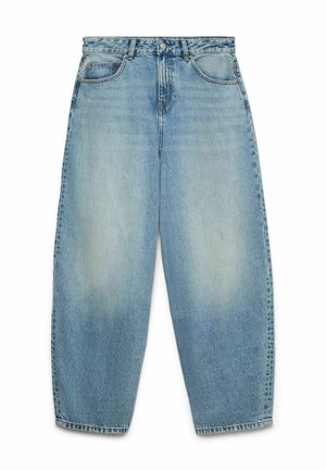 Jean denim bleu clair taille haute avec détails délavés, bouton et fermeture éclair à l'avant, deux poches avant, et coupe décontractée effilée.