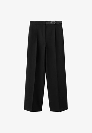 Pantalones anchos de tiro alto negros con pliegues frontales y un cinturón delgado a juego con una hebilla plateada.