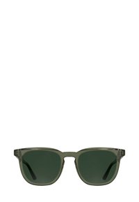 Occhiali da sole con lenti verdi e montatura rettangolare. Realizzati in materiale trasparente, con aste leggermente curve e lenti verde scuro.