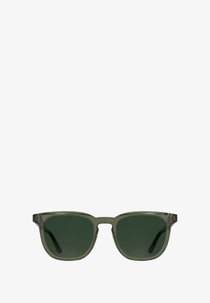 Groen getinte zonnebril met een rechthoekig montuur. Gemaakt van transparant materiaal, met licht gebogen pootjes en donkergroene glazen.