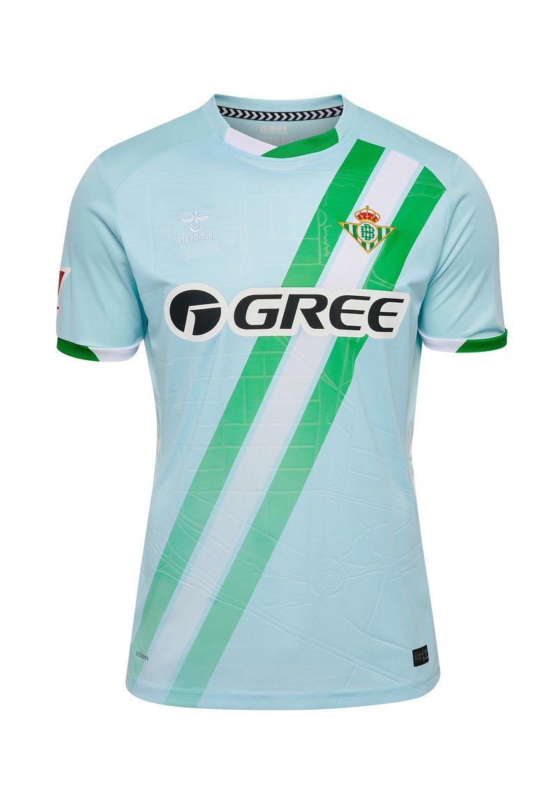 Camiseta de fútbol azul claro con rayas verdes diagonales y un ribete blanco. Incluye el logo de GREE y un emblema del club en el pecho.