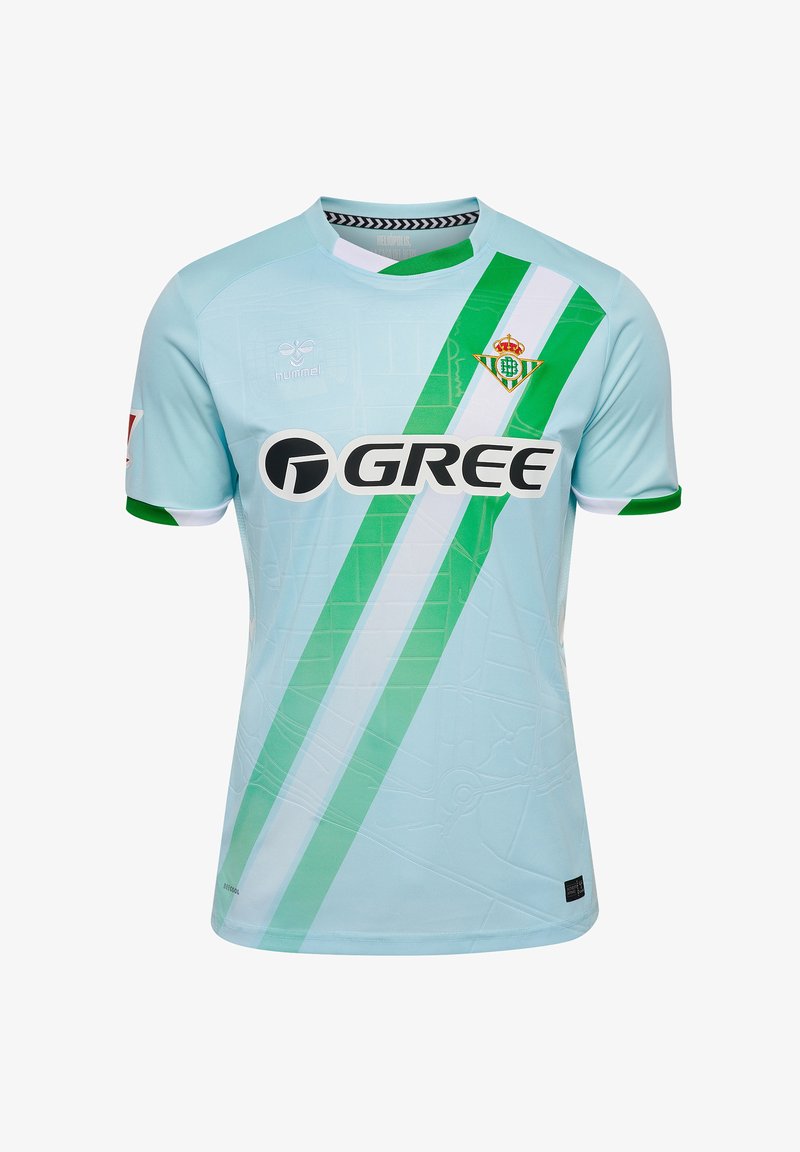 Camiseta de fútbol azul claro con rayas verdes diagonales y un ribete blanco. Incluye el logo de GREE y un emblema del club en el pecho.