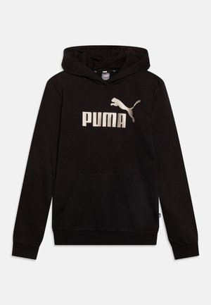 Black hoodie made of soft fabric featuring a front kangaroo pocket, ribbed cuffs, and a large white PUMA logo with a leaping cat design.