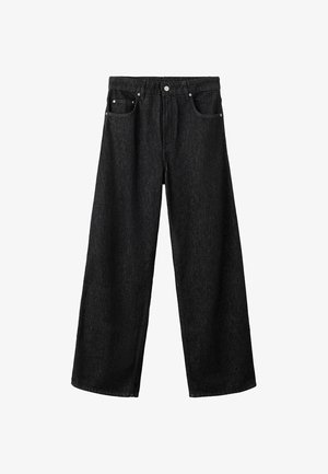 Jeans neri a gamba larga in denim. Presentano cinque tasche, una chiusura frontale con bottoni e dettagli di cuciture sottili. Tessuto strutturato con una tonalità scura.