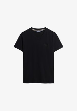 Sort V-hals T-shirt lavet af bomuld, med korte ærmer, en blød tekstur og et lille logo på venstre brystområde.
