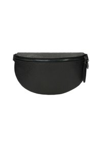 Borsetta in pelle nera con finitura testurizzata, forma curva e chiusura con zip superiore. Presenta un piccolo accento decorativo in metallo sul lato.