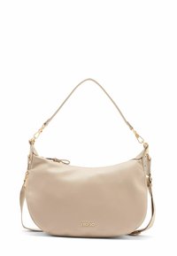 Beige Lederhandtasche mit Schultergurt und goldenen Beschlägen, ausgestattet mit einem dezenten Markenlogo auf der Vorderseite.