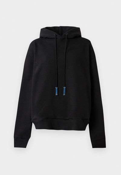 Black hooded sweatshirt with a relaxed fit. Features blue-accented drawstrings, ribbed cuffs, and a textured fabric finish.