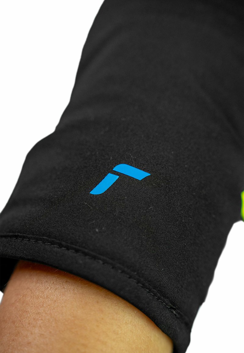 Black athletic sleeve with a smooth texture, featuring a blue logo accent and neon green detailing on the edge.