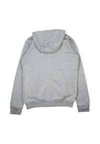 Sweat à capuche gris avec une texture douce, des poignets et un ourlet côtelés. Il présente une grande capuche et un design simple sans logos visibles.