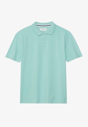 Hellgrünes kurzärmeliges Poloshirt mit Kragen und zwei Knöpfen, flach auf weißem Hintergrund dargestellt.