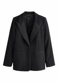 Zwarte blazer gemaakt van een zachte stof met een klassiek ontwerp. Voorzien van een gesneden revers, een enkele knoopsluiting en twee voorzakken.