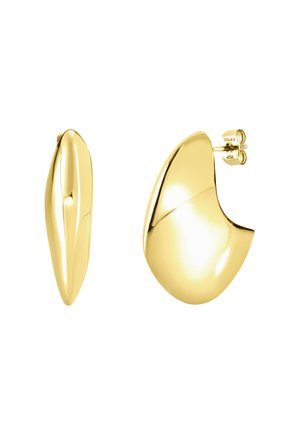 Ohrringe aus goldfarbenem Metall mit organischem, geschwungenem Design und glänzender Oberfläche. Ein Ohrring ist länglich, der andere rund.