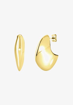 Orecchini in metallo color oro con un design organico e curvo dalla finitura lucida. Un orecchino è allungato mentre l'altro è arrotondato.