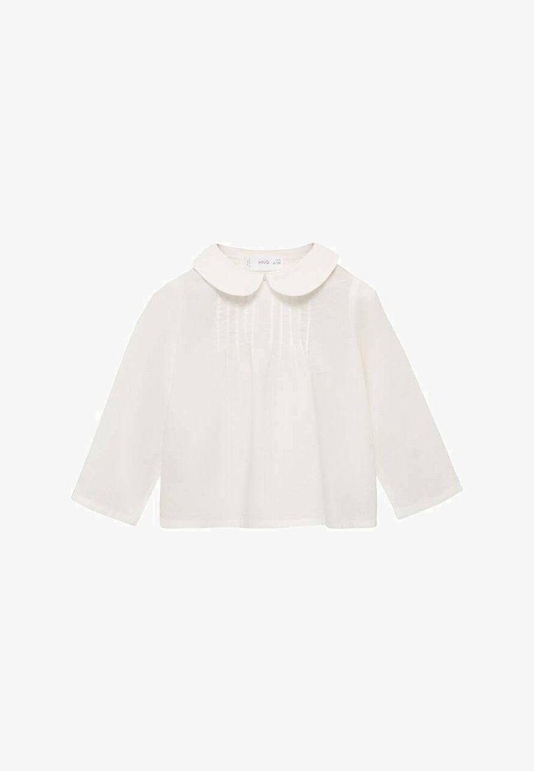 White long-sleeve blouse with a round collar, pleated front detailing, and soft fabric texture. Simple design, suitable for various occasions.