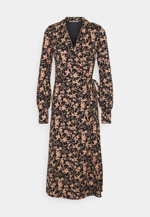 Schwarzes Wickelkleid mit beigem Blumenmuster, langen Puffärmeln, V-Ausschnitt und seitlicher Kordel am Taillenbund, in Midi-Länge.