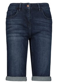 Ciemne szorty z denimu o prostym kroju, z delikatnym przetarciem, podwiniętym brzegiem i dwoma przednimi kieszeniami. Zapinane na guzik i zamek błyskawiczny.