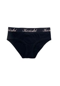 Črne bombažne hlačke z elastičnim pasom, na katerem je v svetlo rožnati barvi napis "Koröshi". Imajo gladko teksturo in klasičen kroj.