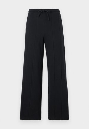 Calças largas pretas feitas de um tecido suave, com uma cintura elástica ajustável e detalhes de costura vertical na frente.