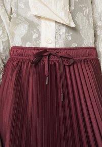 Gonna plissettata bordeaux con vita elastica e coulisse, abbinata a una blusa bianca trasparente ricamata con dettagli a bottone.