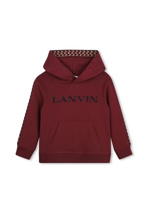 Bordowa bluza z kapturem z przednią kieszenią, czarnym tekstem "LANVIN" oraz wzorzystym wykończeniem wewnątrz kaptura i wzdłuż rękawów.