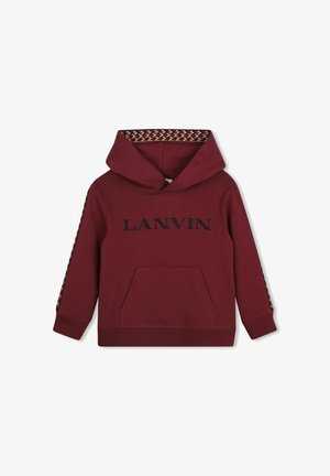 Bordowa bluza z kapturem z przednią kieszenią, czarnym tekstem "LANVIN" oraz wzorzystym wykończeniem wewnątrz kaptura i wzdłuż rękawów.