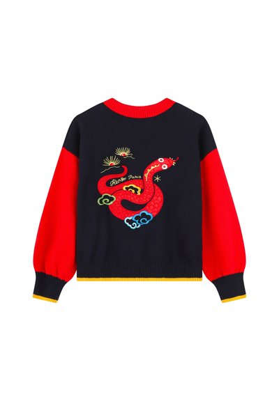 Pull en tricot présentant un corps bleu marine avec des manches rouges, un ourlet jaune, et une broderie de serpent vibrante avec des accents floraux et des nuages stylisés.