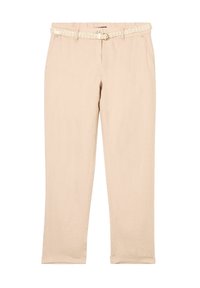 Hellbeige Leinenhosen mit einem geflochtenen weißen Gürtel, entspannter Schnitt, seitlichen Taschen und umgeschlagenen Säumen.